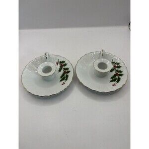 Vintage Macy’s Christmas All The Trimmings Candle Stick Holders 1986 Holly Leaf